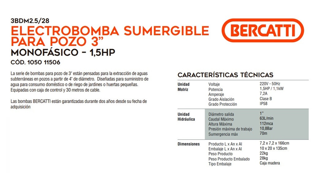 BOMBA SUMERGIBLE 1.5 HP POZO 3 - BERCATTI