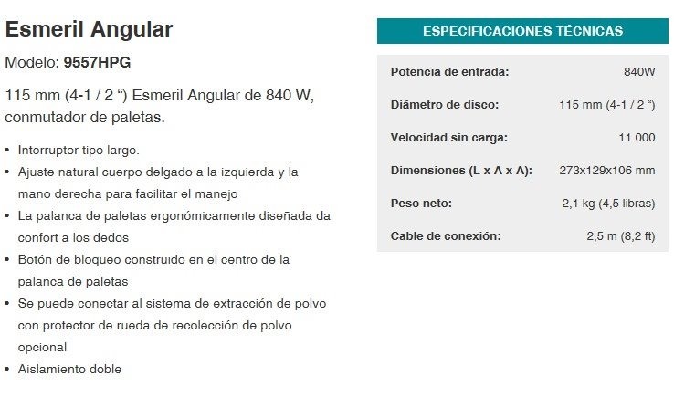 Esmeril Angular Eléctrico Makita 9557HPG de 4 1/2" y 840 W