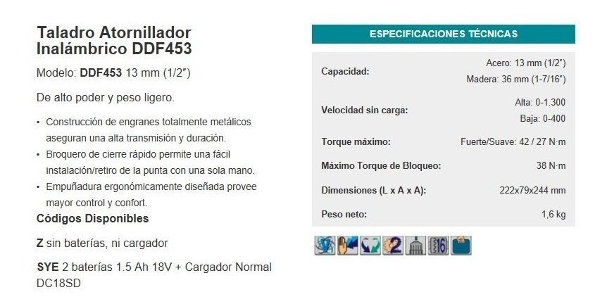 Taladro Atornillador inalambrico MAKITA DDF453Z